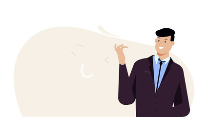 Businessman smiles and looks at his hand. Corporate illustration vector