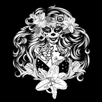 Sugar skull witch woman in flower crown portrait