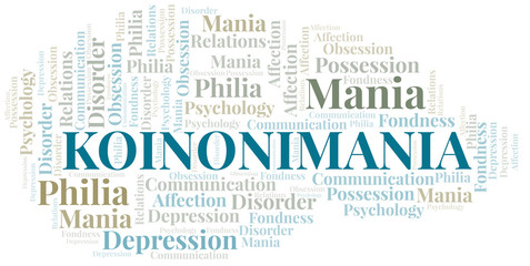 Koinonimania word cloud. Type of mania, made with text only.