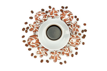 Cup with coffee, beans coffee and biscuits isolated on white background. Top view.