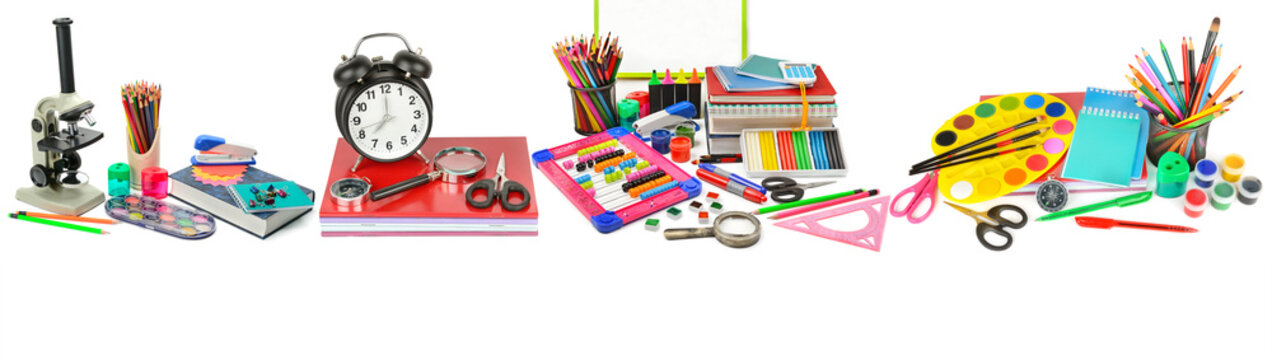 School supplies isolated on a white background. Free space for text. School sale. Wide photo. Panoramic collage.