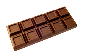The photo of isolated dark bar of milk chocolate on the white background, top view