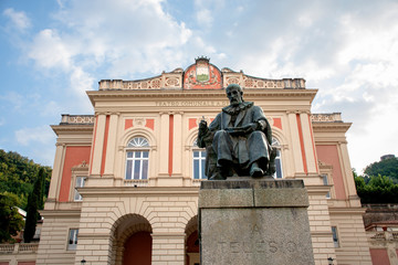 View of Teatro Rendano and Bernardino Telesio statue - Cosenza, Italy