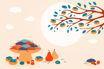 Fototapeta na wymiar Hand drawn vector illustration for Korean holiday Chuseok, with persimmons, mooncakes, chestnuts, jujube, pears, pine needles, full moon, clouds. Flat style design. Concept for card, poster, banner.