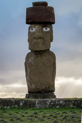 Moai on Easter Island at Ahu Tahai With Scoria Pukao Topknot and Replica Coral Eyes.