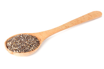 Chia seeds in wooden spoon isolated on white background.
