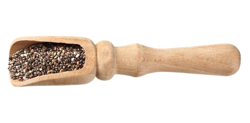 Chia seeds in wooden spoon isolated on white background. Top view.