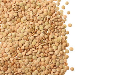 Pile lentil isolated on white background. Top view.