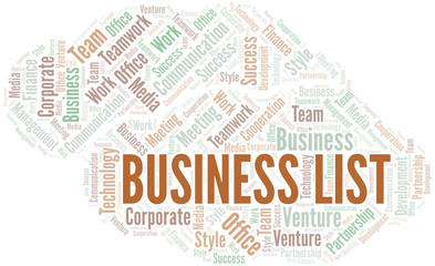 Business List word cloud. Collage made with text only.