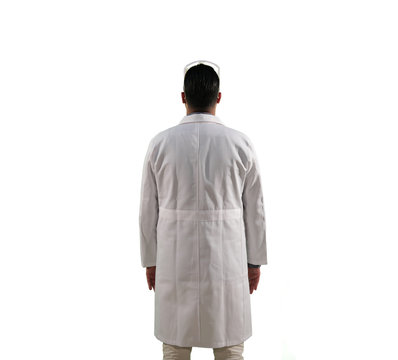A Scientist Man With Glasses on Head and White Cloth on standing against an empty wall | Back view 
