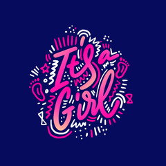 Baby shower posters. Vector invitation. Baby arrival and shower collection with lettering. It's a girl greeting card. 