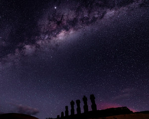 Fototapeta premium Milky Way Shows Above Moai On Easter Island, Chile.