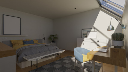 Bedroom and Study in the Loft in Broad Daylight 3D Rendering