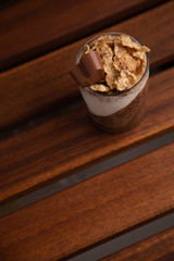 Delicious breakfast, cocoa chia pudding with yogurt and cereals