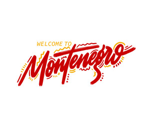 Montenegro. Name country word text card, banner script. Beautiful typography inscription greeting calligraphy poster black, gold ribbon, star. Handwritten design modern brush lettering isolated vector