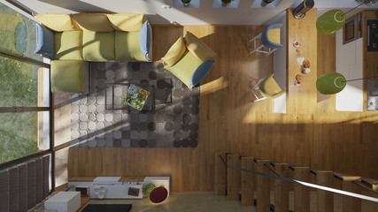 Fototapeta na wymiar Top View of Open Plan Lounge and Kitchen with Furniture in Natural Daylight 3D Rendering