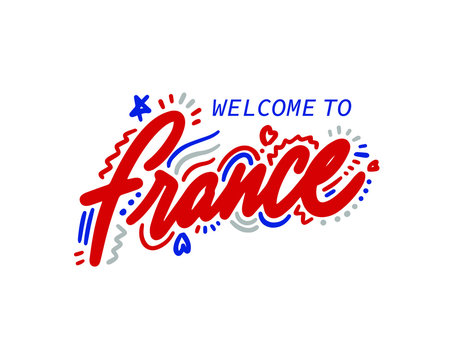 France. Name country word text card, banner script. Beautiful typography inscription greeting calligraphy poster black, gold ribbon, star. Handwritten design modern brush lettering isolated vector.