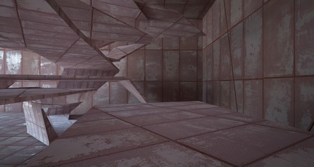 Empty  abstract room interior of sheets rusted metal. Architectural background. 3D illustration and rendering