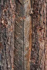 Pine trunk with scars after resin extraction