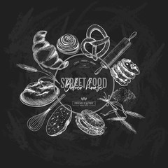 Bakery set. Hand drawn bread, loaf, croissant, pretzel, macaron, pie, baguette. Wheatl flour pastry. Chalkboard vector engraved banner. For restaurant and cafe menu, baker shop pasty sweets.