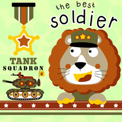 vector cartoon of funny lion the best tank division soldier