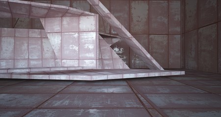 Obraz premium Empty abstract room interior of sheets rusted metal. Architectural background. 3D illustration and rendering
