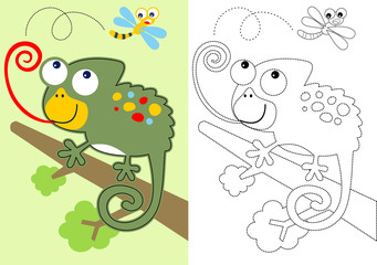 vector cartoon of chameleon try to catch a dragonfly, coloring book or page