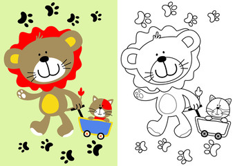 vector cartoon of lion and little cat, coloring book or page
