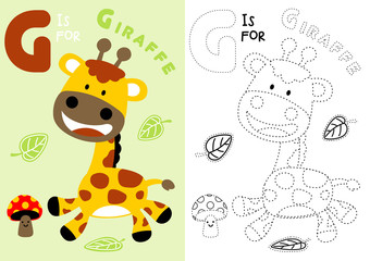 vector cartoon of giraffe and little mushrooms, coloring book or page