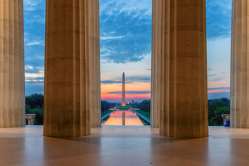 Lincoln Memorial and Washington Monument at sunrise in Washington, D.C., USA.