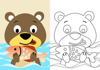 Obraz na płótnie Canvas vector cartoon of cute bear catch big salmon in river, coloring book or page