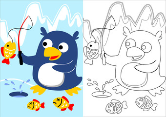vector cartoon of penguin fishing in north pole, coloring book or page