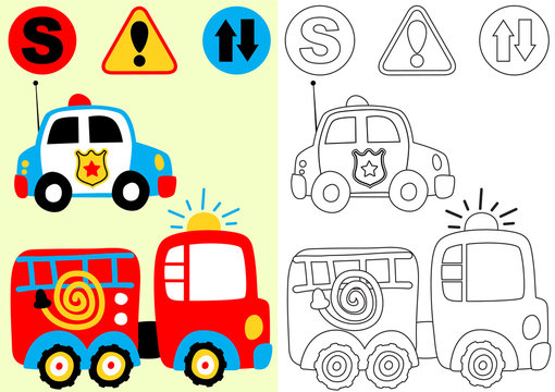 vector cartoon of fire engine and police car with traffic signs, coloring book or page
