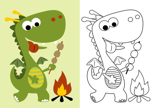vector cartoon of little dragon roasting the meat, coloring book or page