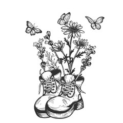 flowers in boots. Chamomile with lavender. Vector graphics. Hand drawing. Sketch. Butterflies fly. Eps