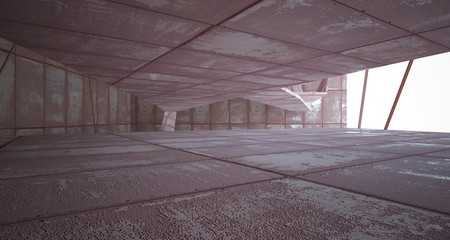 Empty  abstract room interior of sheets rusted metal. Architectural background. 3D illustration and rendering
