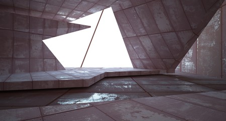 Empty  abstract room interior of sheets rusted metal. Architectural background. 3D illustration and rendering