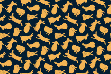 Hand drawn seamless vector pattern with cute rabbits, gold on a dark blue background. Design concept for Mid Autumn Festival print, packaging, wrapping paper. Flat style illustration.