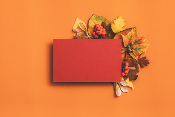 Autumn greeting card. Maroon mockup paper sheet with foliage decoration on orange background. Copy space.