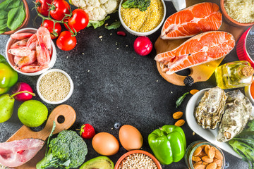 Pescetarian diet plan ingredients, healthy balanced grocery food, fresh fruit, berries, fish and shellfish clams 