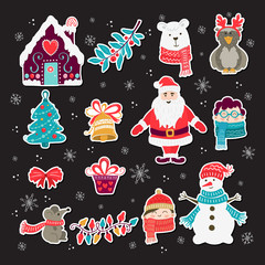 Set of animals and people in winter clothes