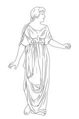 An ancient Greek woman in a tunic and barefoot stands and looks away. Vector image isolated on white background.