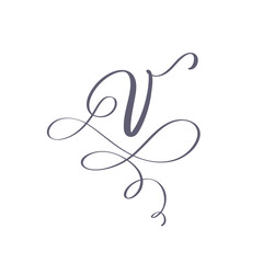 Vector Hand Drawn calligraphic floral V monogram or logo. Uppercase Hand Lettering Letter V with swirls and curl. Wedding Floral Design