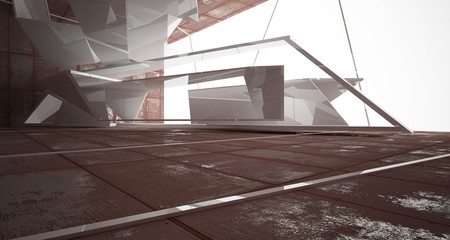 Empty  abstract room white interior of sheets rusted metal . Architectural background. 3D illustration and rendering