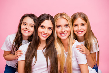Close-up portrait of nice-looking attractive lovely gorgeous well-groomed shine charming cute sweet cheerful cheery girls bonding idyllic harmony comfort isolated over pink pastel background