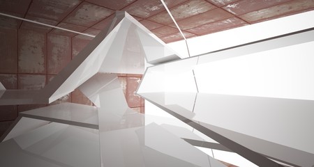 Empty  abstract room white interior of sheets rusted metal . Architectural background. 3D illustration and rendering