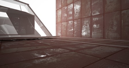 Empty  abstract room white interior of sheets rusted metal . Architectural background. 3D illustration and rendering