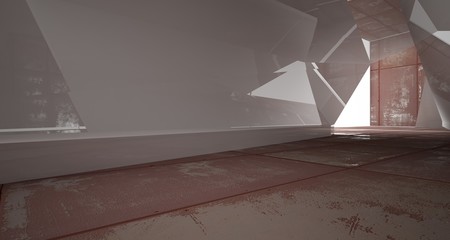 Empty  abstract room white interior of sheets rusted metal . Architectural background. 3D illustration and rendering