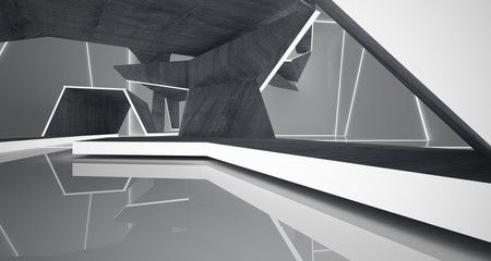 Abstract  concrete and white  interior with neon lighting. 3D illustration and rendering.