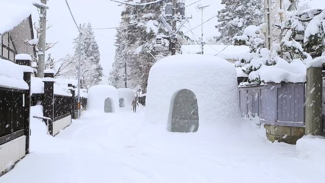 Kamakura igloos on street in winter, Yokote, Akita Prefecture, Japan